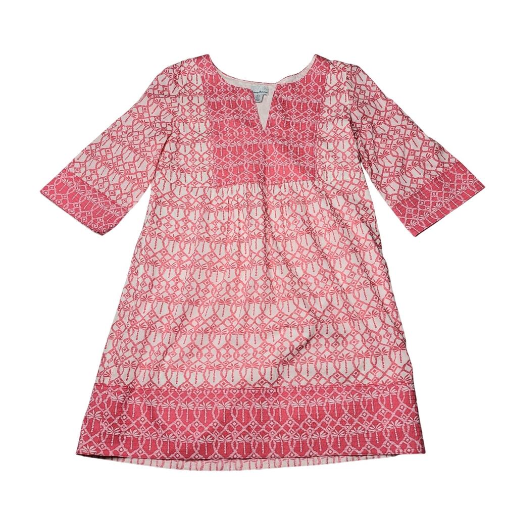 Tommy Bahama Pink Palm Tree Split V Neck Mini Dress Short Sleeve Preppy Small